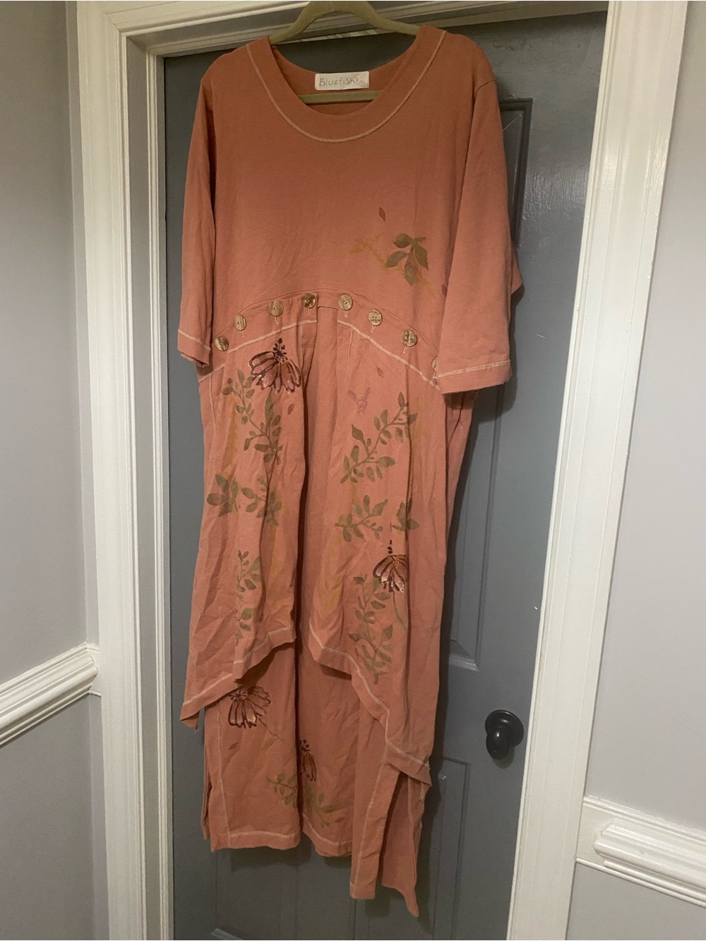 Blue Fish Salmon Pink Floral Button-Accent Dress
